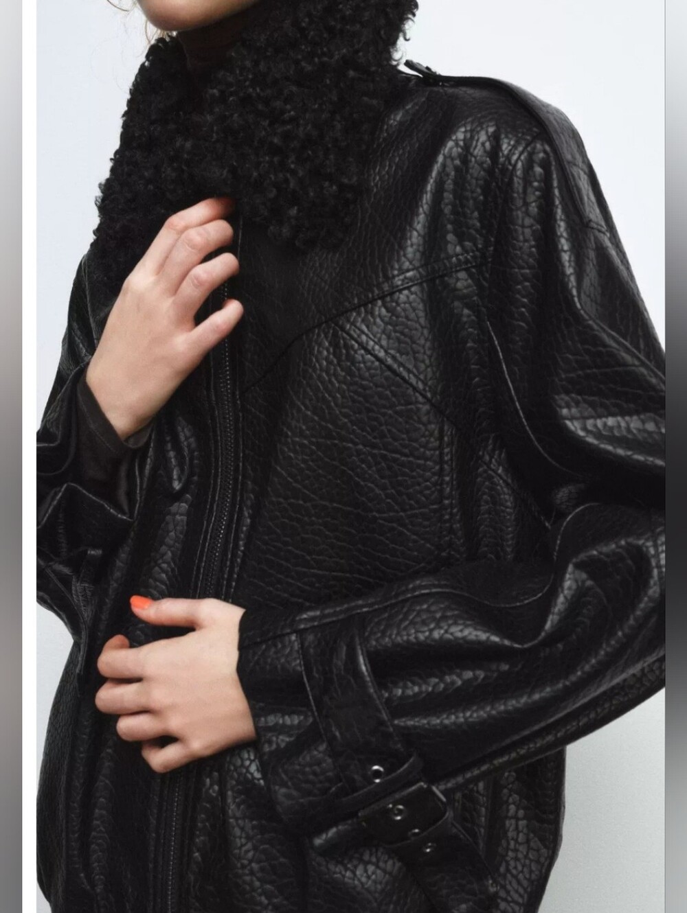 Zara Black Faux Leather With Atachable Faux Fur Collar - Women SIze L
